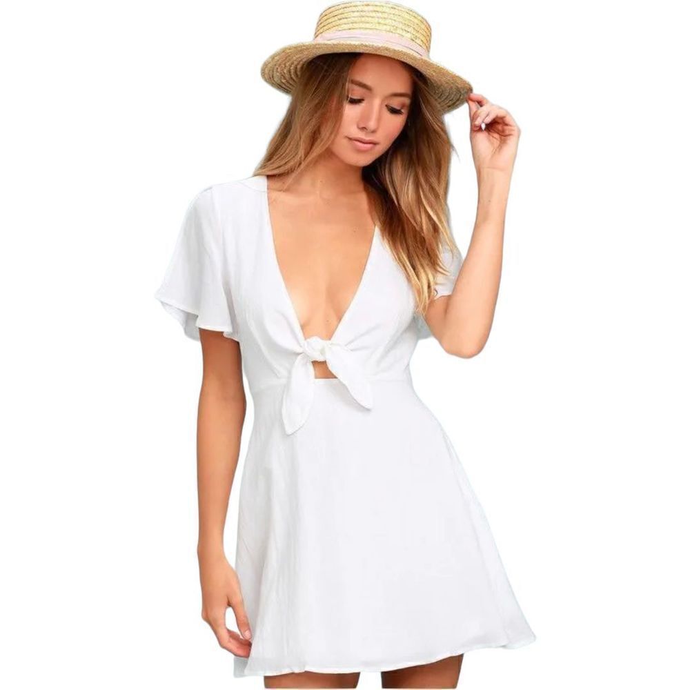 Cotton Candy LA Juniors Size Small Dress White Tie Front Low V Neck Ruffle Lined